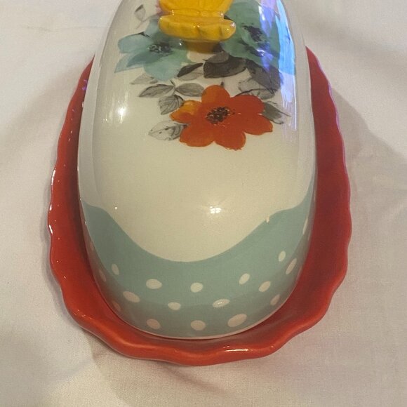 Pioneer Woman Floral Butterfly Butter Dish Red Base Retired OS - Picture 5 of 12